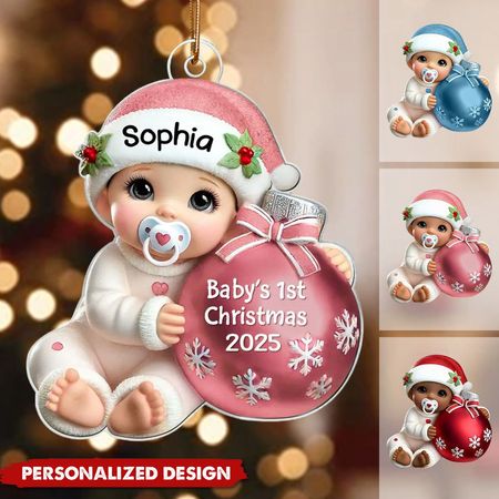 Baby ved siden af julekugle 3D-effekt Babys første julegave personlig julepynt